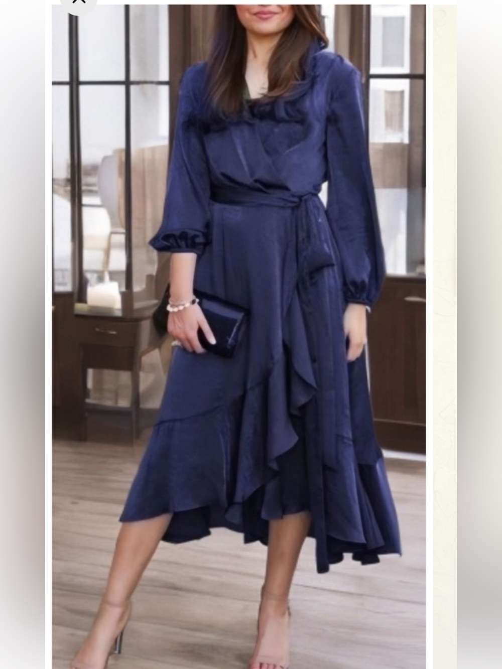 Gal meets Glam Jennifer Shimmer Navy Wrap Midi Dress with Ruffle Hem